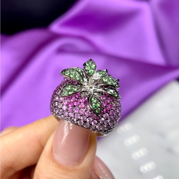 Peridot ring, Pink sapphires - 13.3 gramm, 14K White Gold - Picture 5 of 5